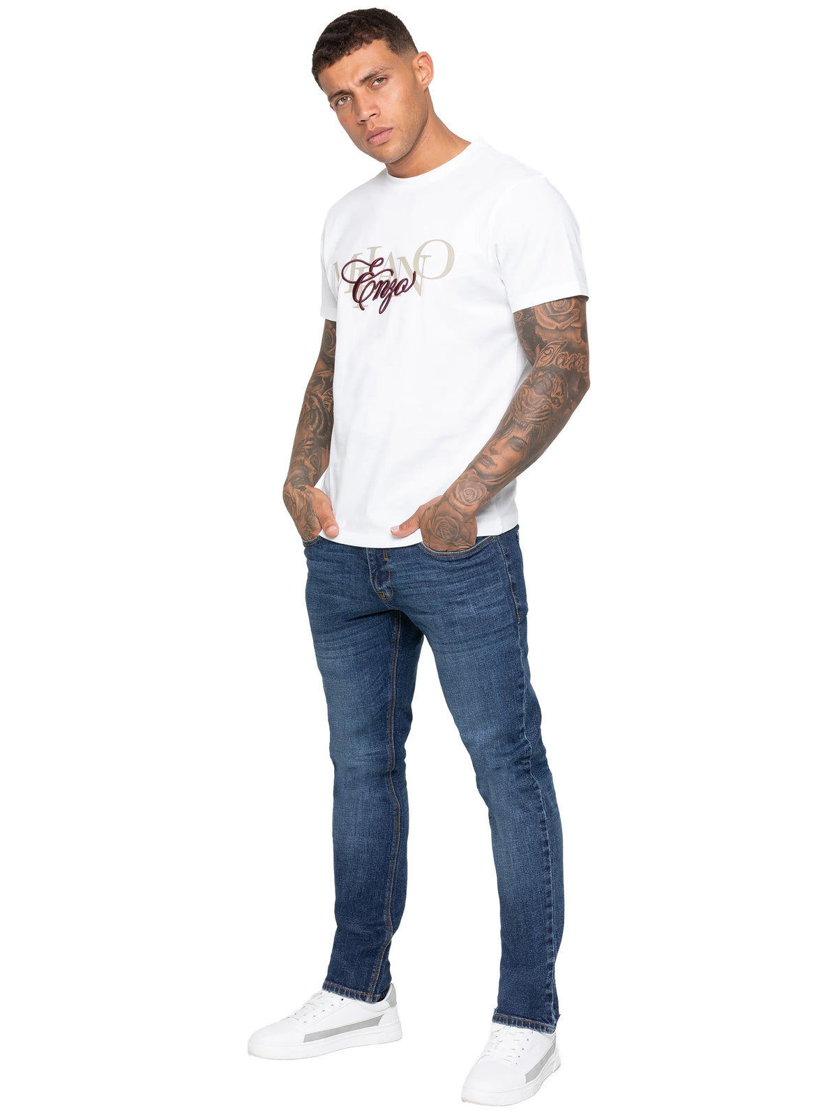 Enzo Jeans Adone Tapered Fit Jeans Mid Stonewash Blue