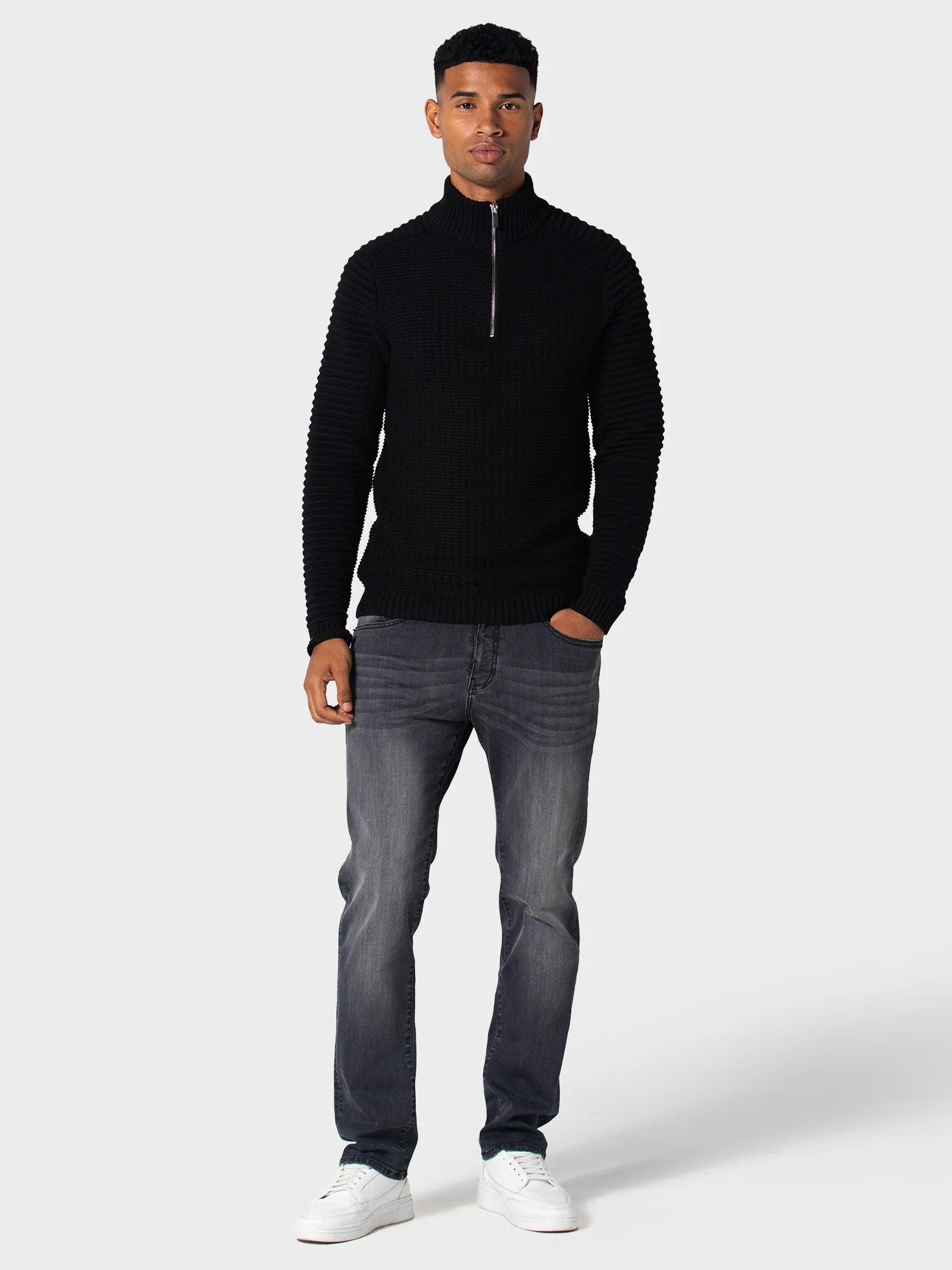 883 Police Cromer 3/4 zip funnel neck knitwear - BLACK