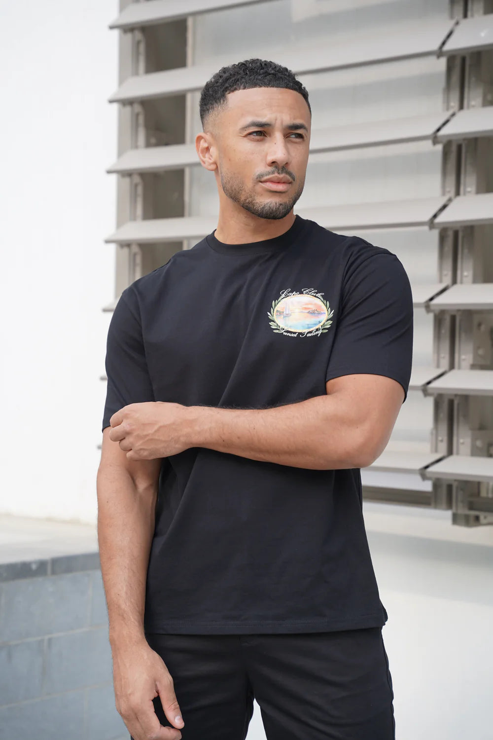 Capo Sunset Sailing Printed T-Shirt - BLACK