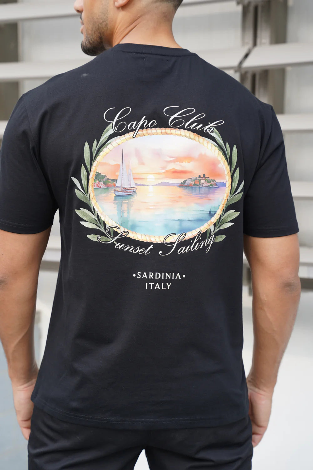 Capo Sunset Sailing Printed T-Shirt - BLACK