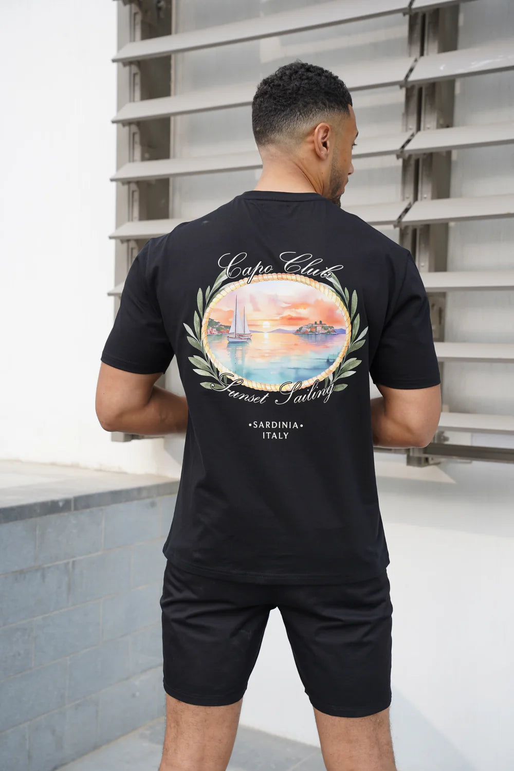 Capo Sunset Sailing Printed T-Shirt - BLACK