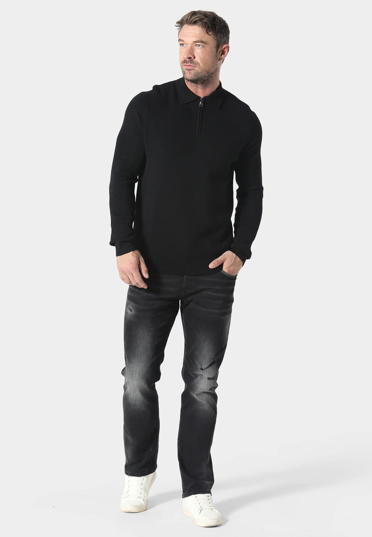 883 Police Harlem 1/4 Zip Knit Ribbed Collar & Cuff - BLACK
