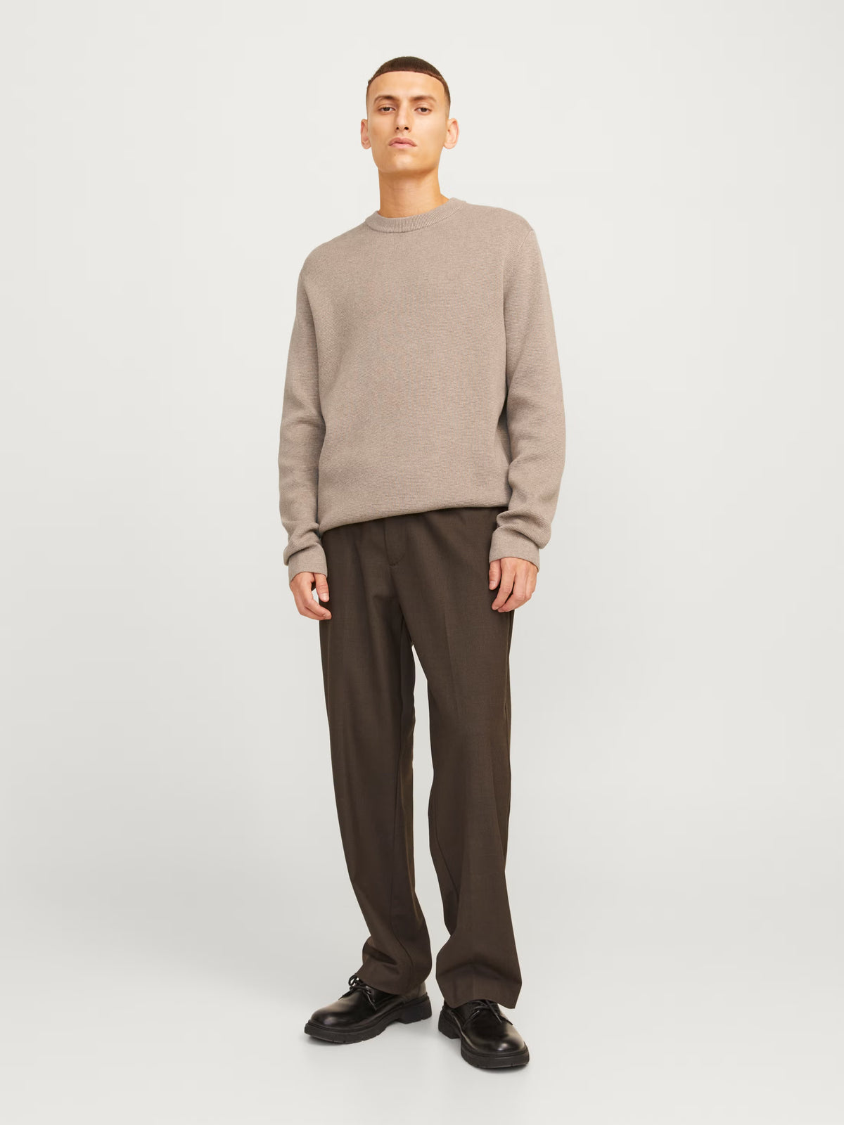 Jack&Jones Milano Plain Knitted pullover Crew Neck Beige / Greige
