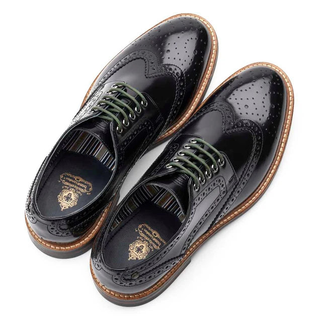 Base London Woburn Hi Shine Leather Brogue Shoes - BLACK