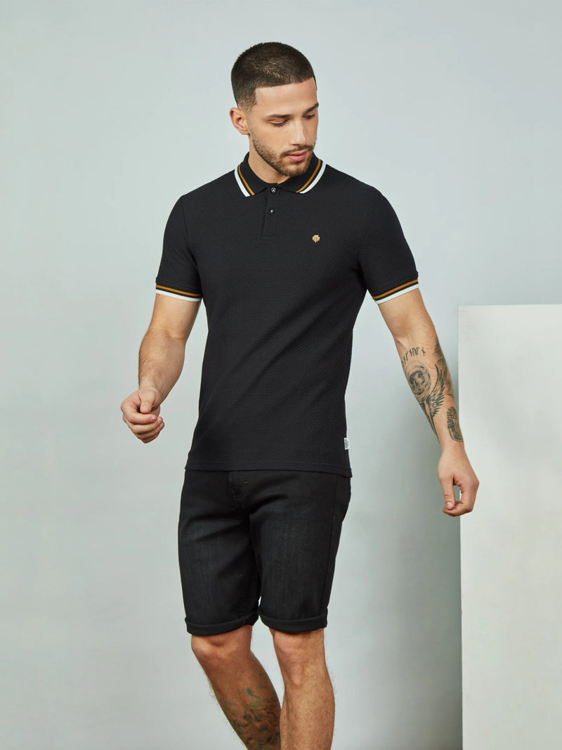 Mish Mash REGULAR FIT TEXTURED COTTON JERSEY STOCKHOLM BLACK POLO - BLACK