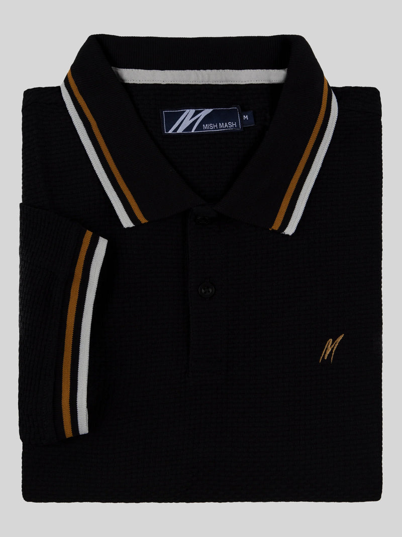 Mish Mash REGULAR FIT TEXTURED COTTON JERSEY STOCKHOLM BLACK POLO - BLACK