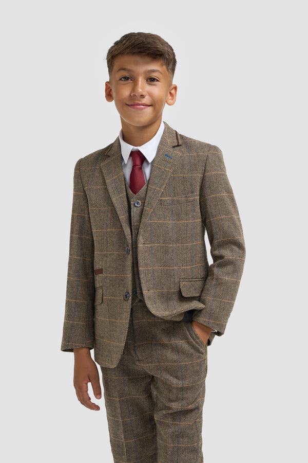 House of Cavani Boys Albert Brown Tweed Check Suit
