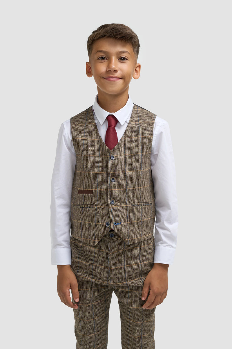 House of Cavani Boys Albert Brown Tweed Check Suit