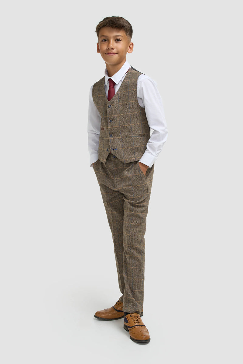 House of Cavani Boys Albert Brown Tweed Check Suit