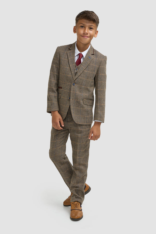 House of Cavani Boys Albert Brown Tweed Check Suit