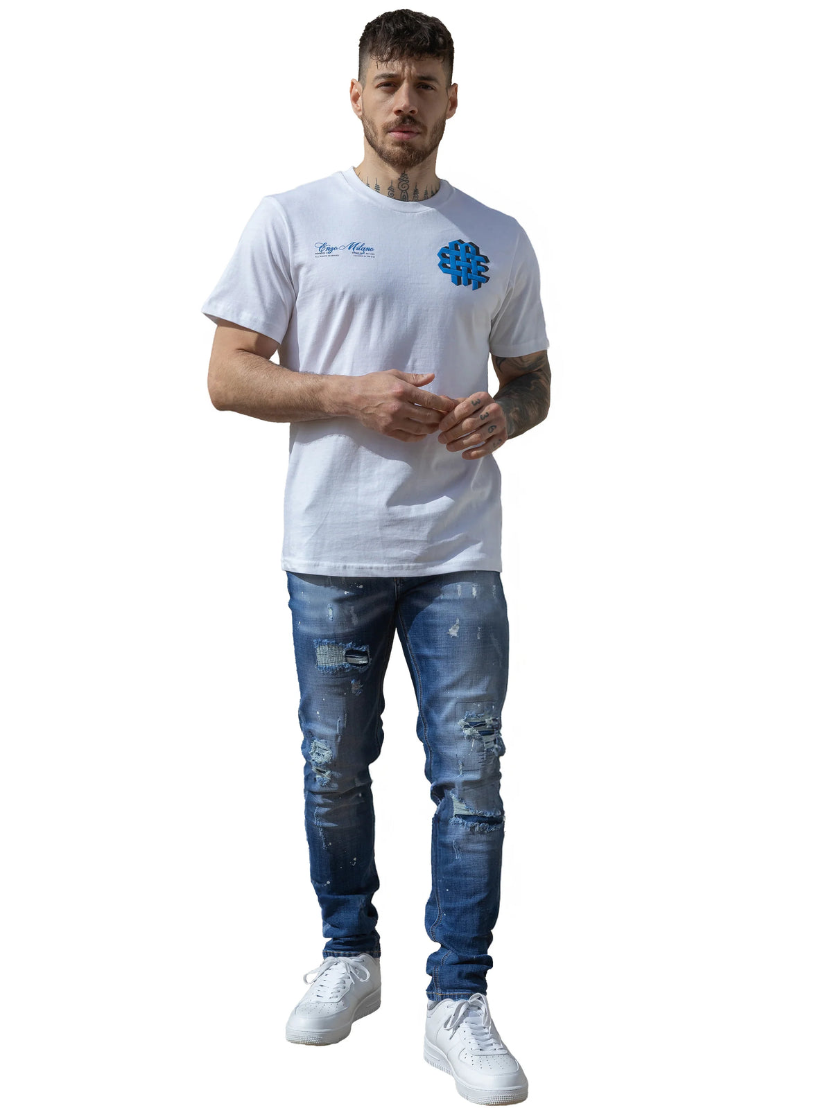 Enzo Jeans Rocco Slim Fit Ripped Jeans Mid Stonewash Blue