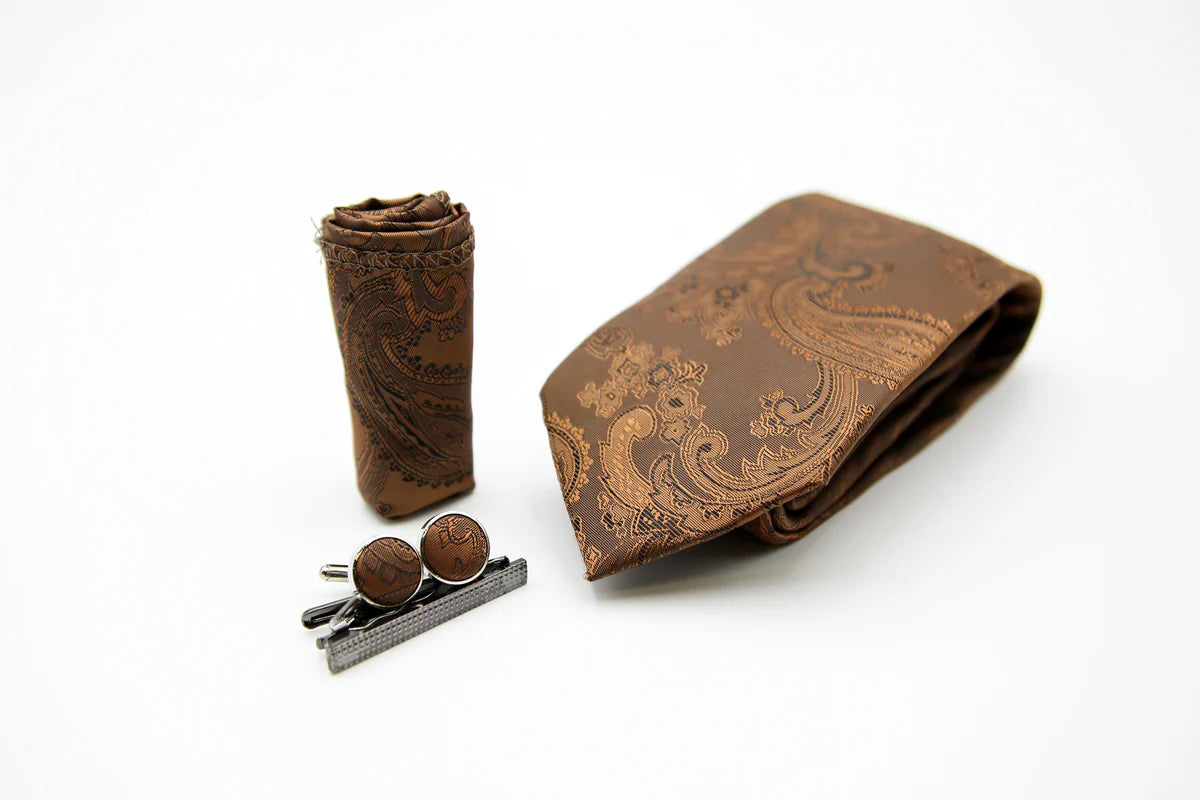 Paul Andrew - Paisley Tie , Cufflinks , Tie Pin Gift Set - BROWN
