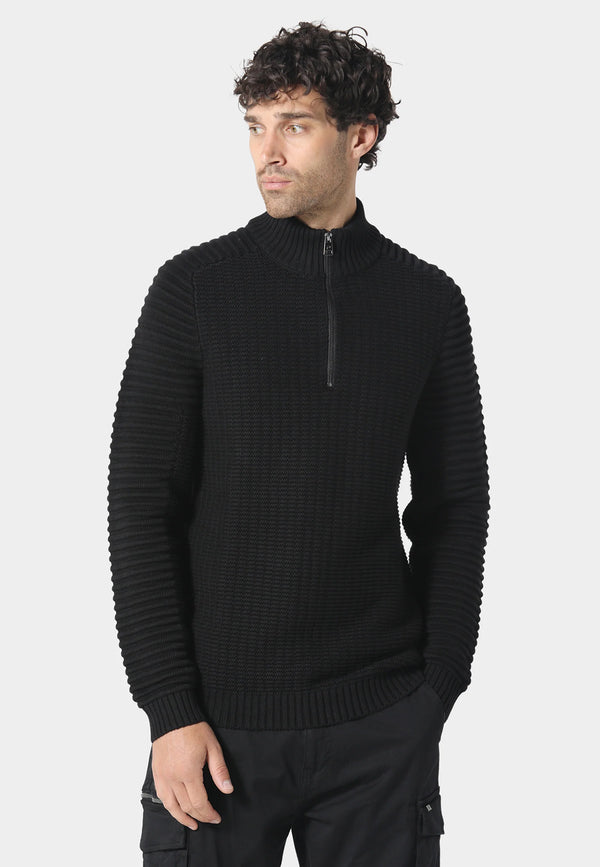 883 Police Collupton Biker Knit 3/4 Zip Funnel Neck - BLACK