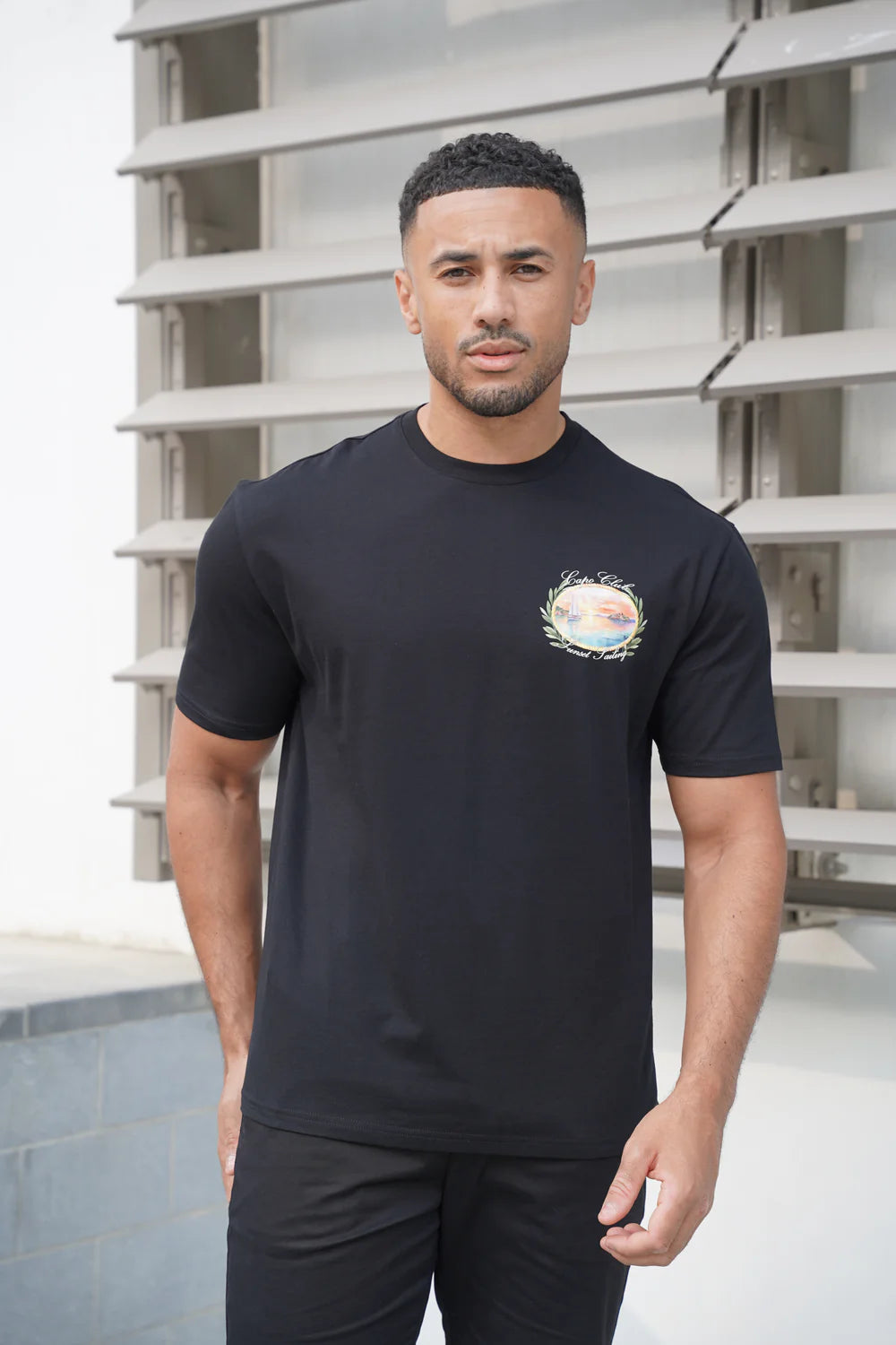 Capo Sunset Sailing Printed T-Shirt - BLACK