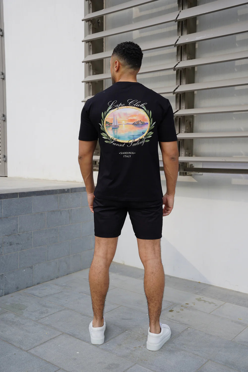 Capo Sunset Sailing Printed T-Shirt - BLACK