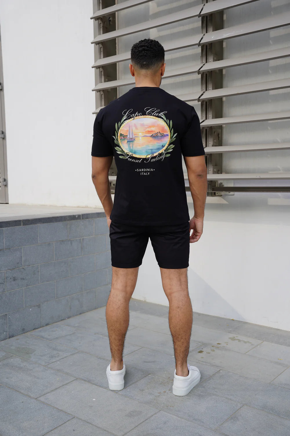 Capo Sunset Sailing Printed T-Shirt - BLACK