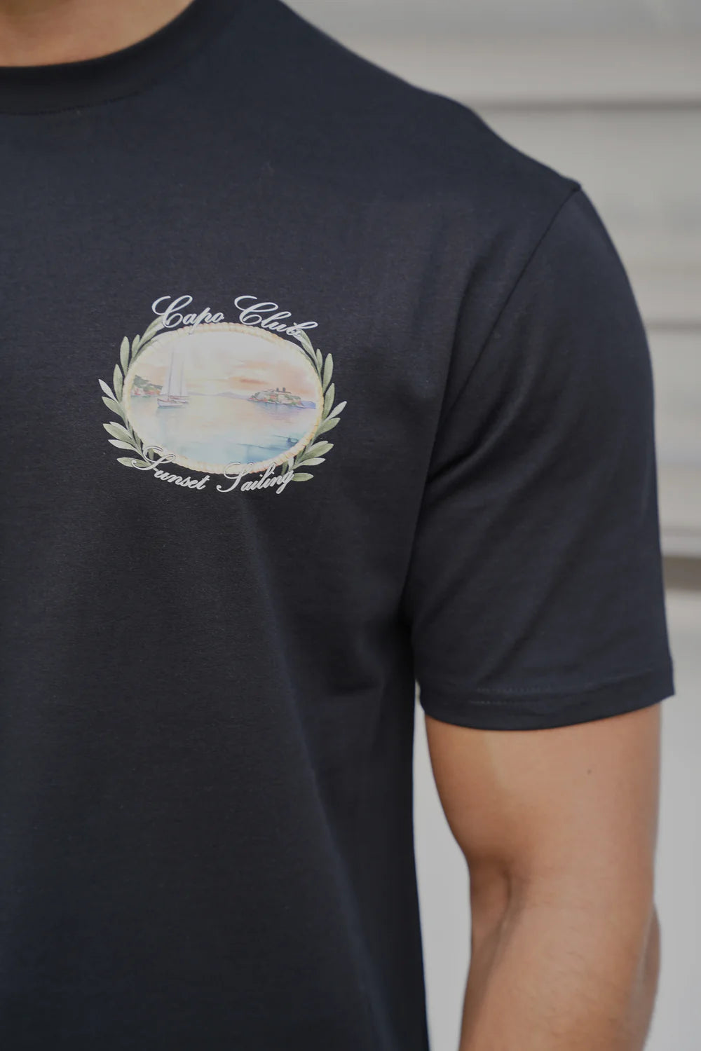 Capo Sunset Sailing Printed T-Shirt - BLACK