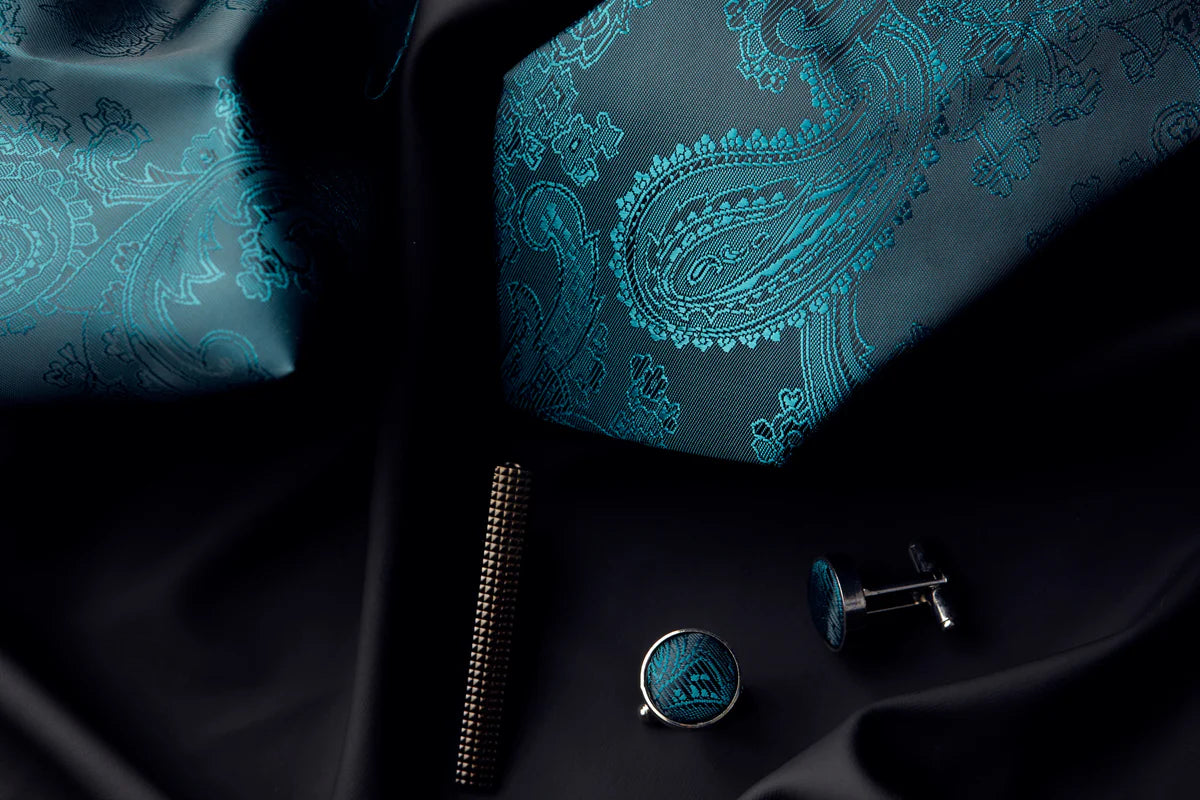 Paul Andrew Paisley Tie, Cufflinks & Tie Pin Gift Set — Teal Green