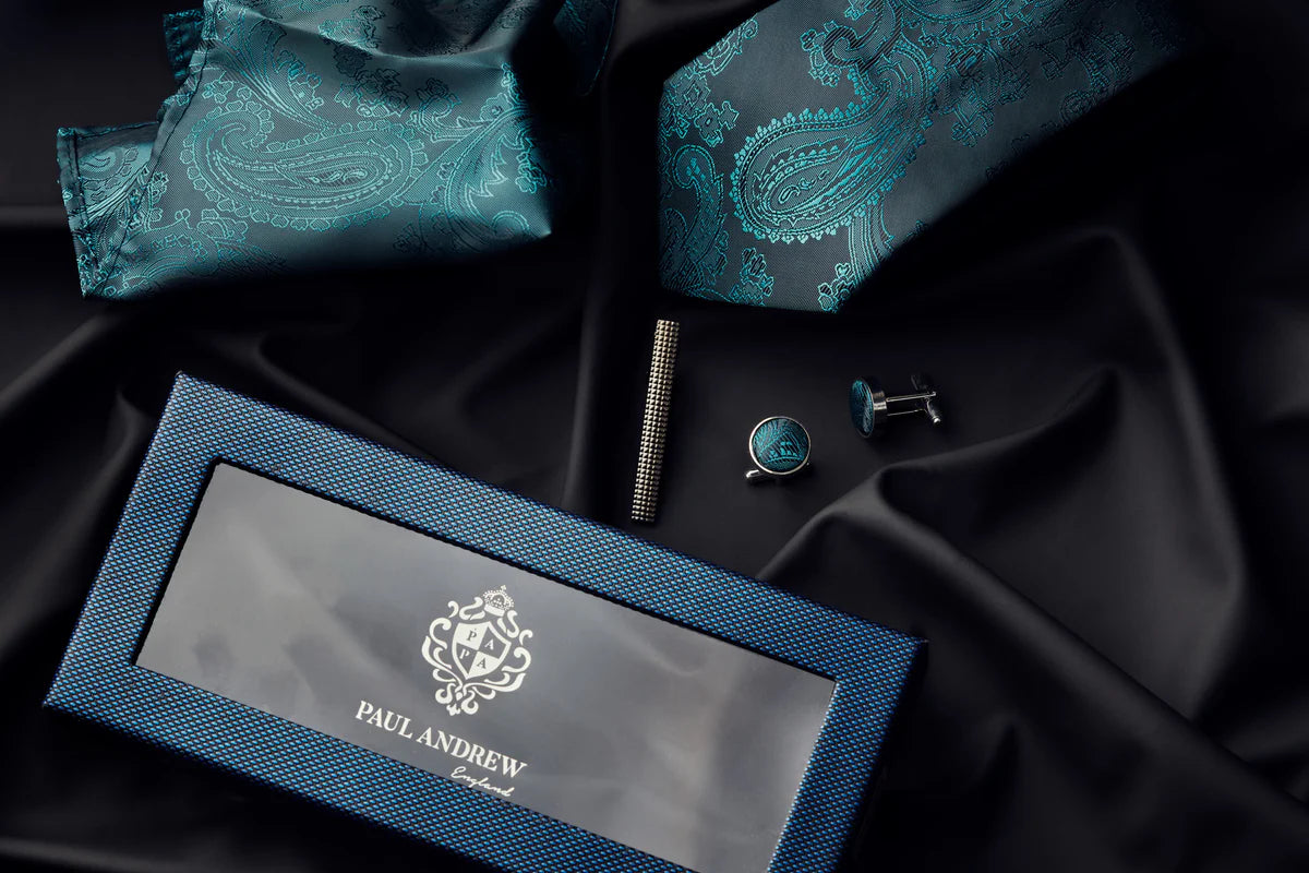 Paul Andrew Paisley Tie, Cufflinks & Tie Pin Gift Set — Teal Green