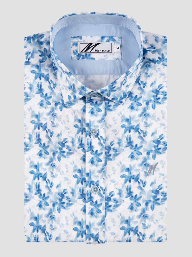 Mish Mash GULF  Short Sleeve Cotton SHIRT - WHITE & SKY