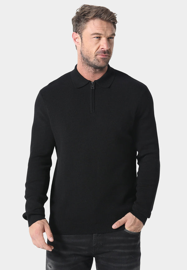 883 Police Harlem 1/4 Zip Knit Ribbed Collar & Cuff - BLACK