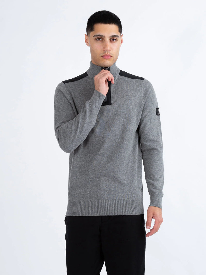Luke HEDDON FUNNEL NECK HALF ZIP KNITTED JUMPER - MARL GREY