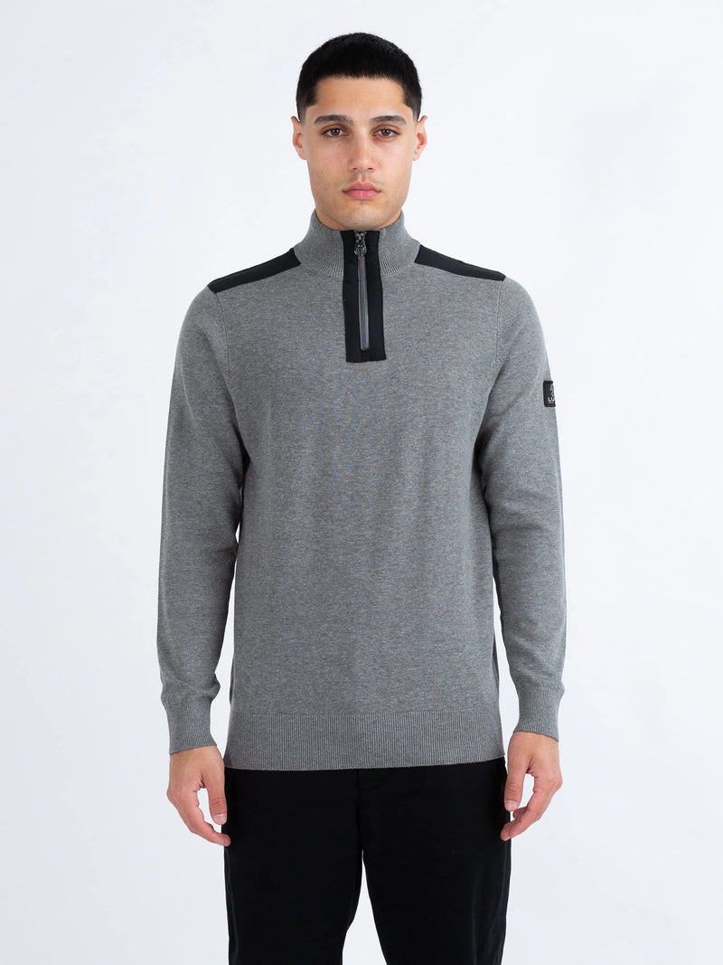 Luke HEDDON FUNNEL NECK HALF ZIP KNITTED JUMPER - MARL GREY