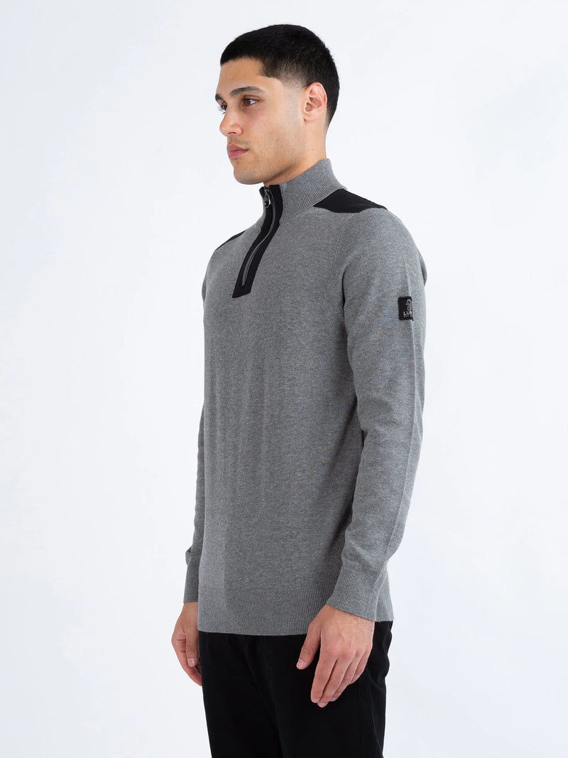 Luke HEDDON FUNNEL NECK HALF ZIP KNITTED JUMPER - MARL GREY