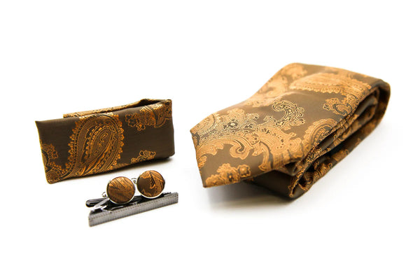 Paul Andrew - Paisley Tie , Cufflinks , Tie Pin Gift Set - BROWN