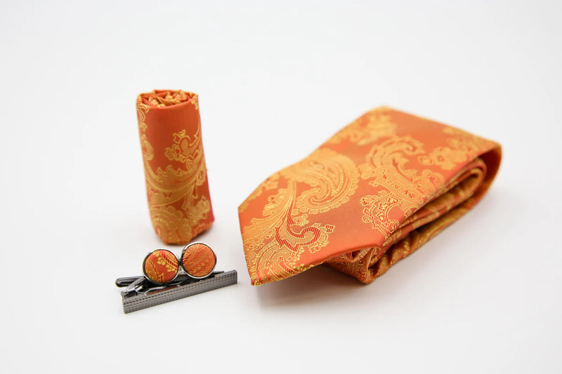 Paul Andrew - Paisley Tie , Cufflinks , Tie Pin Gift Set - ORANGE