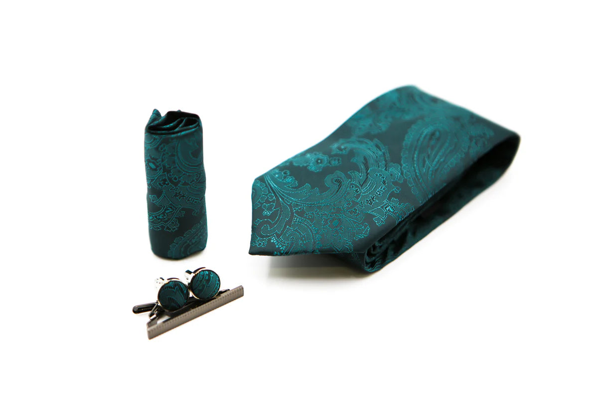 Paul Andrew Paisley Tie, Cufflinks & Tie Pin Gift Set — Teal Green