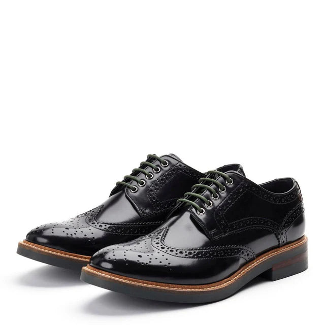 Base London Woburn Hi Shine Leather Brogue Shoes - BLACK