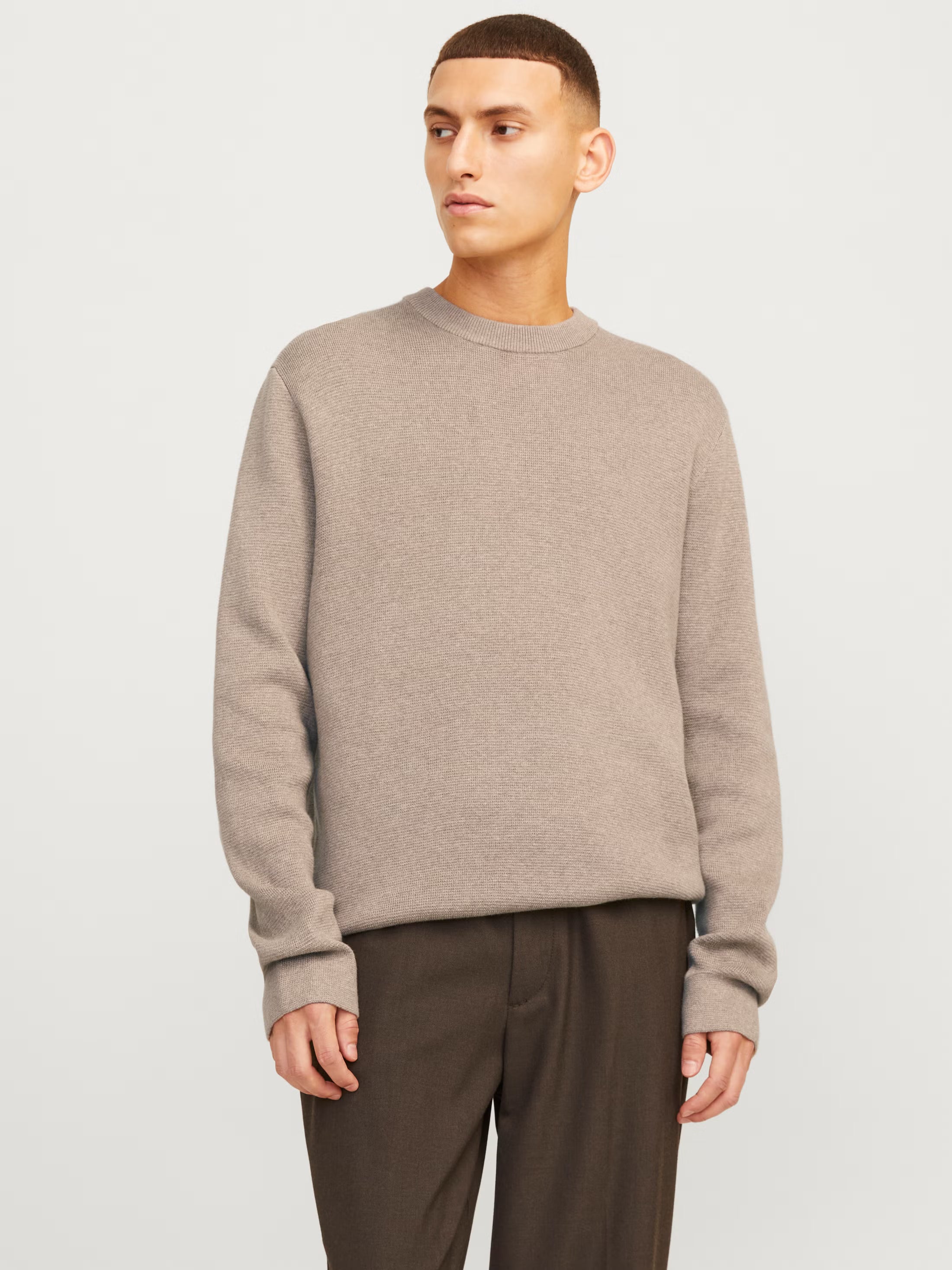 Jack&Jones Milano Plain Knitted pullover Crew Neck Beige / Greige