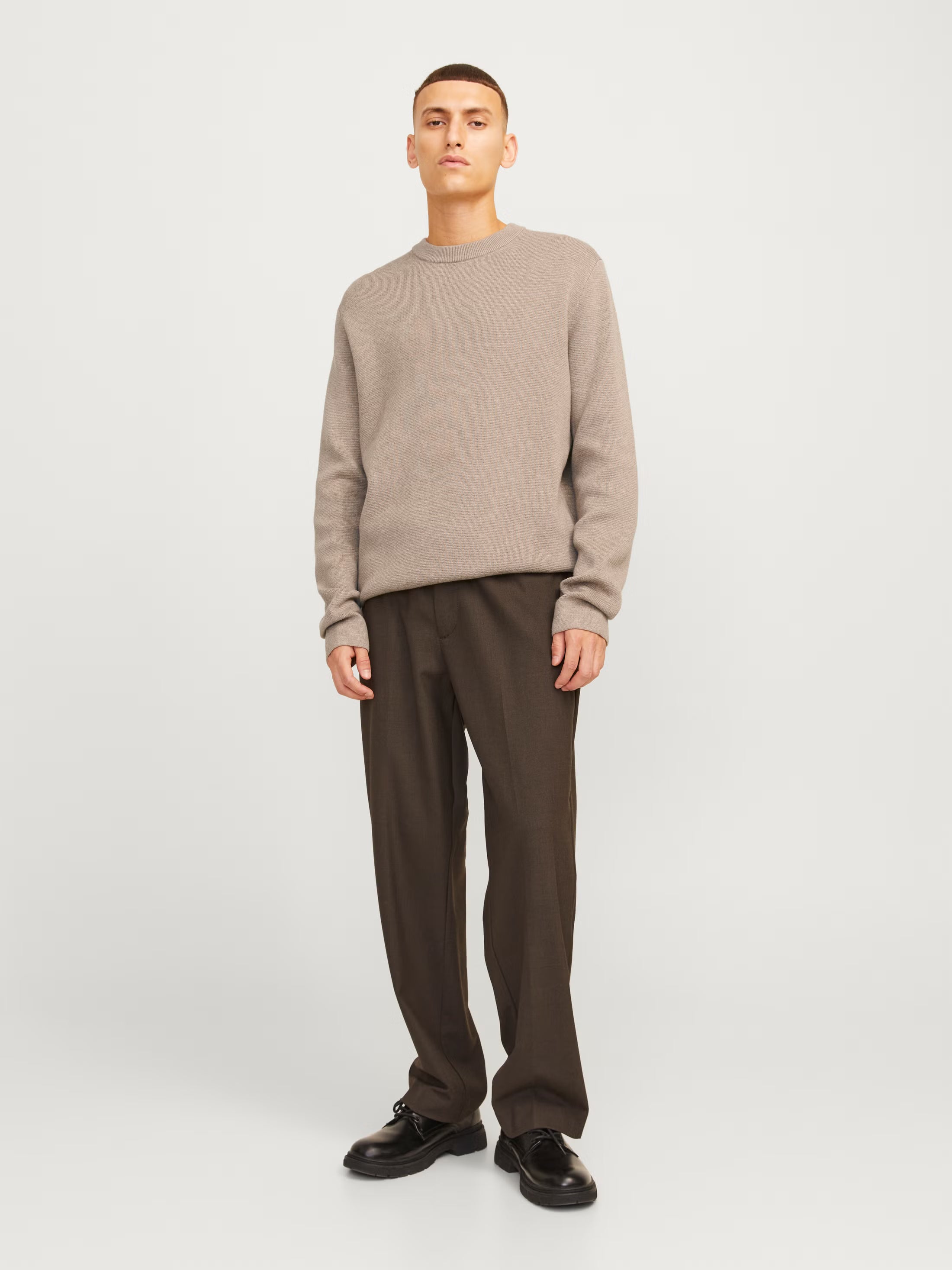 Jack&Jones Milano Plain Knitted pullover Crew Neck Beige / Greige