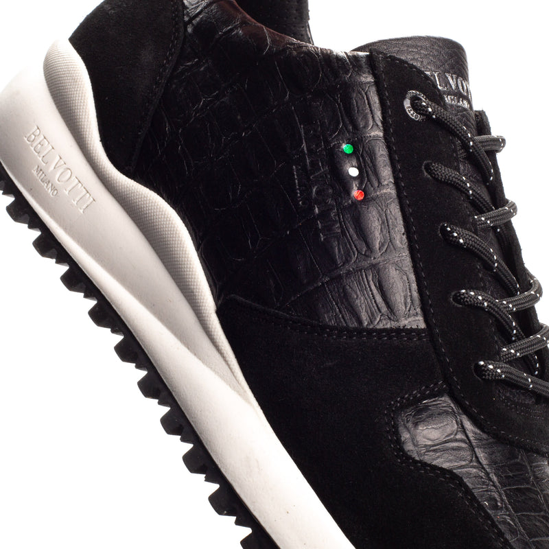 Belvotti Milano Suede Leather Cera Designer Trainers BLACK/ White CROC