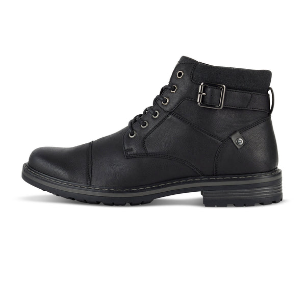 Deakins Leather workboot with waxed laces, buckle detail Oden BLACK