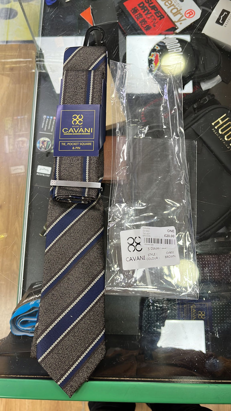 HOUSE OF CAVANI Tie Pocket Square & Tie Pin Set - Cv 802 BROWN