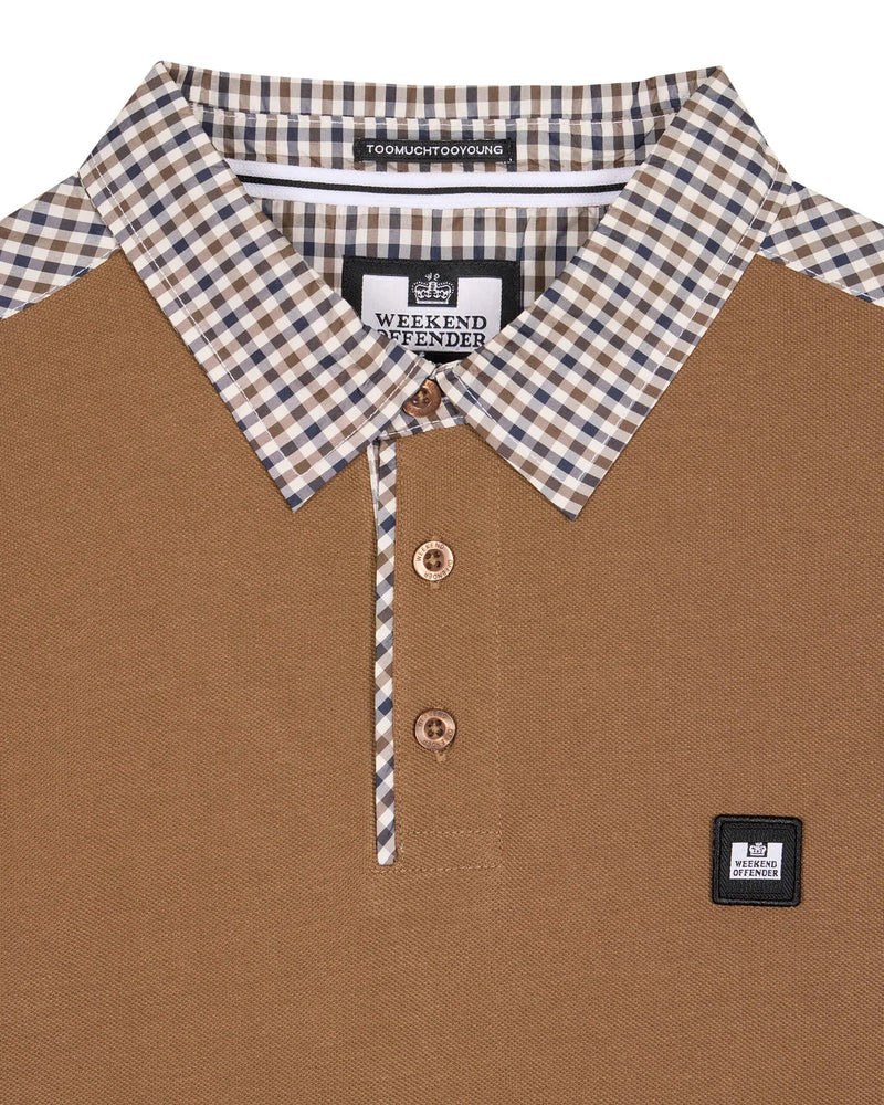 Weekend Offender Nylon Check Polo Shirt Costa - CARAMEL