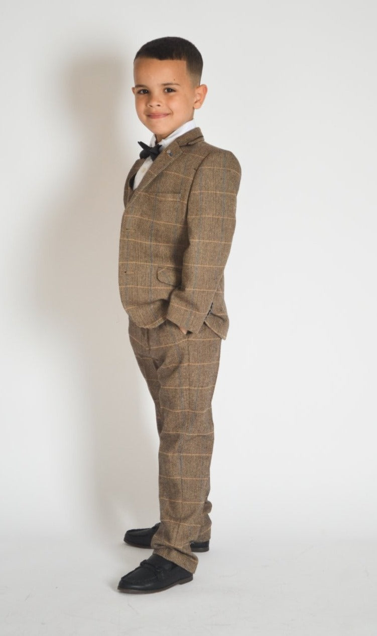 HOUSE OF CAVANI Albert Brown Tweed Check Boys Suit - Brown