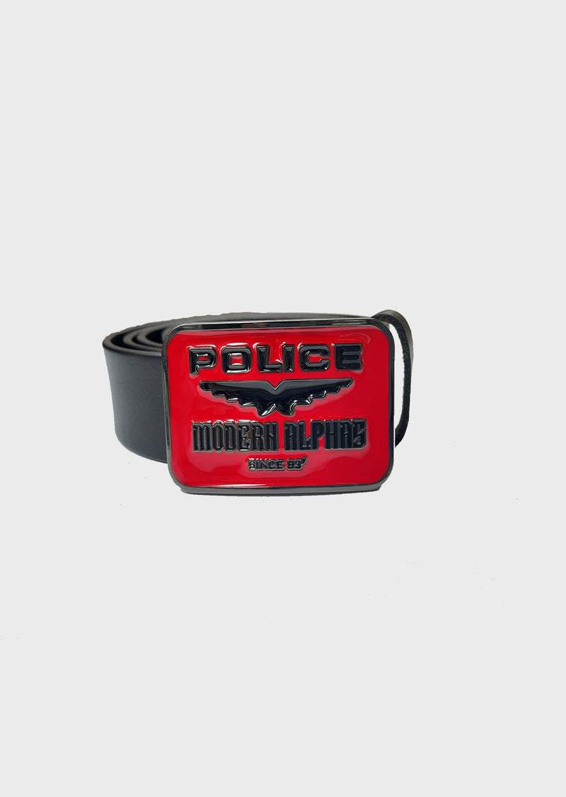 883 POLICE Volton Large Buckle Leather Belt Black & Red